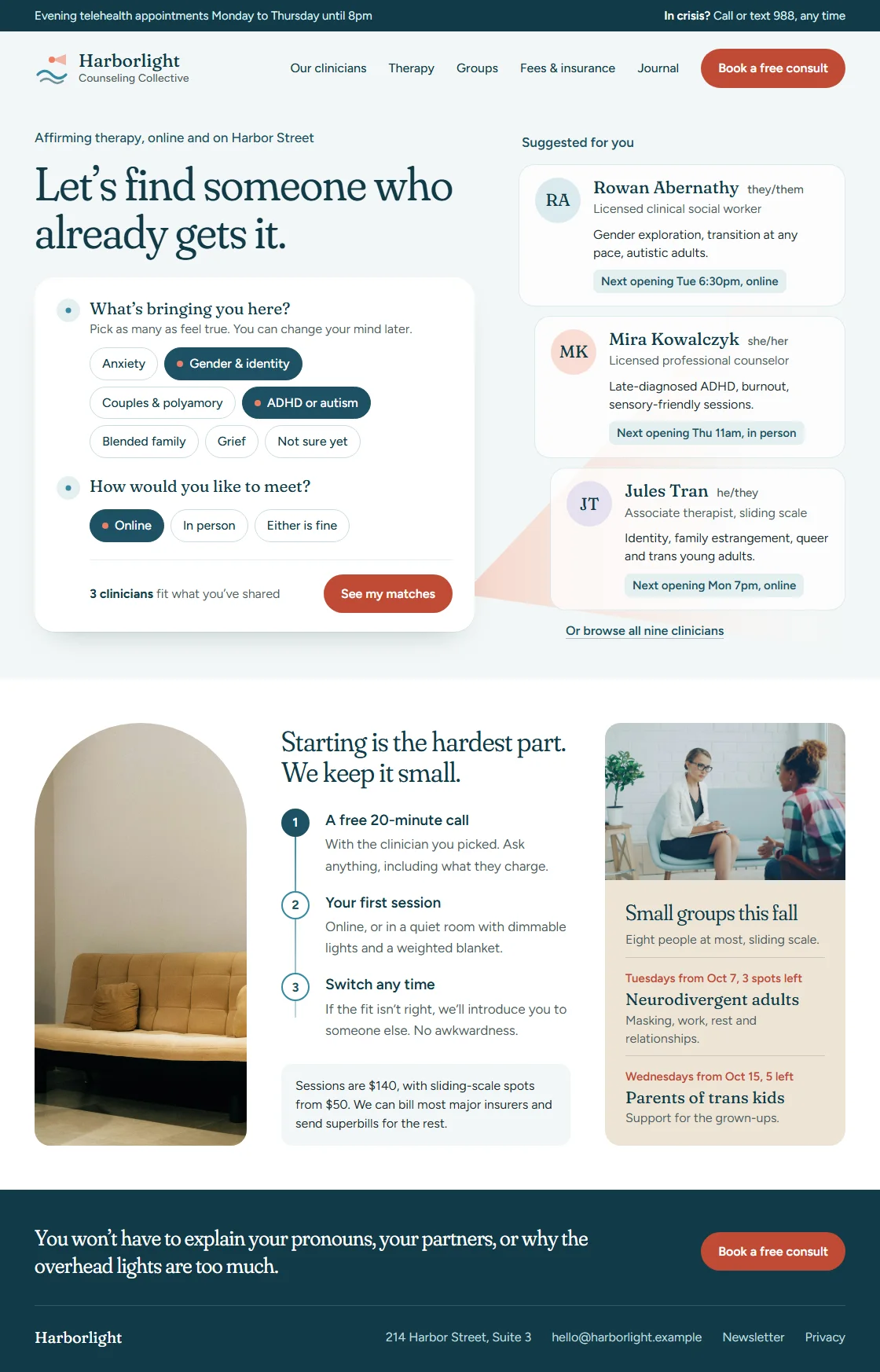 Homepage design for Harborlight Counseling Collective: a gentle "find your fit" conversation that leads to matched clinicians (anonymized)