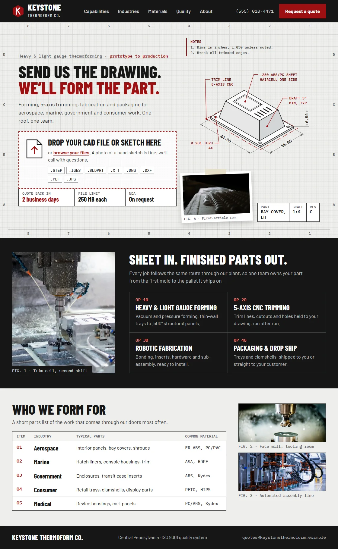 Homepage design for Keystone Thermoform Co.: an engineering drawing with a drop zone for CAD files (anonymized)