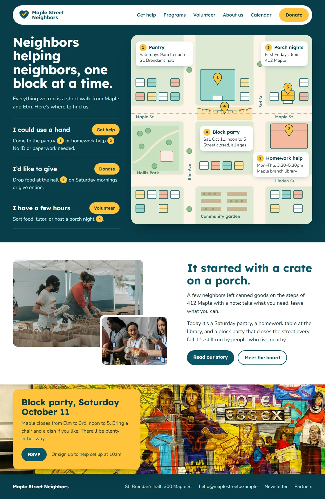 Homepage design for Maple Street Neighbors: an illustrated map of the block with the pantry, homework help and block party pinned (anonymized)