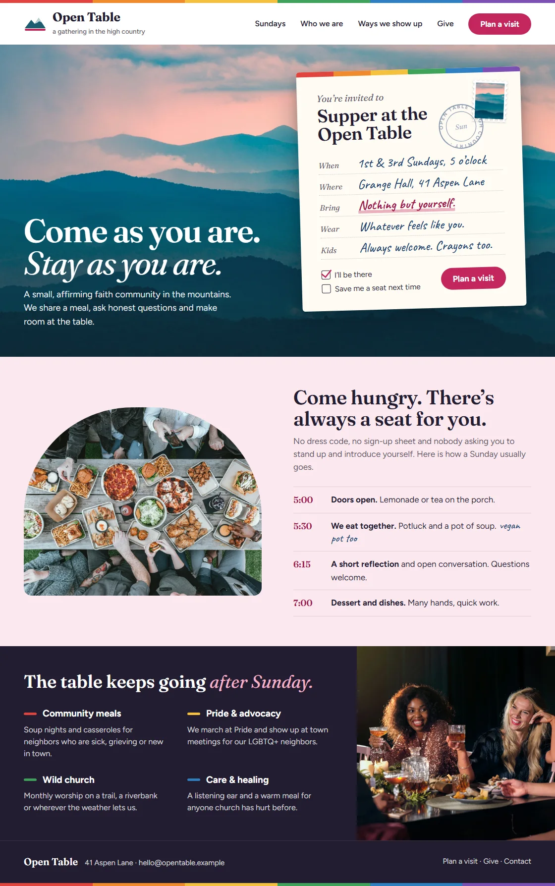 Homepage design for Open Table Gathering: a hand-filled supper invitation set against mountain ridges (anonymized)