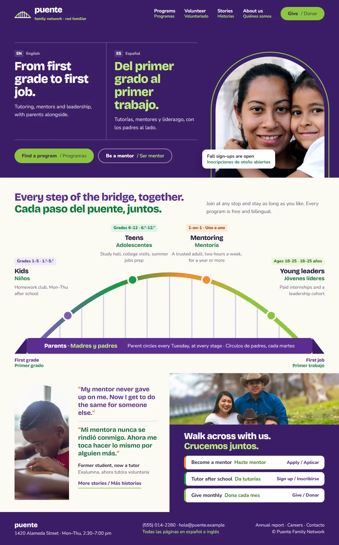 Homepage design for Puente Family Network: the journey from first grade to first job drawn as a bridge, in English and Spanish (anonymized)