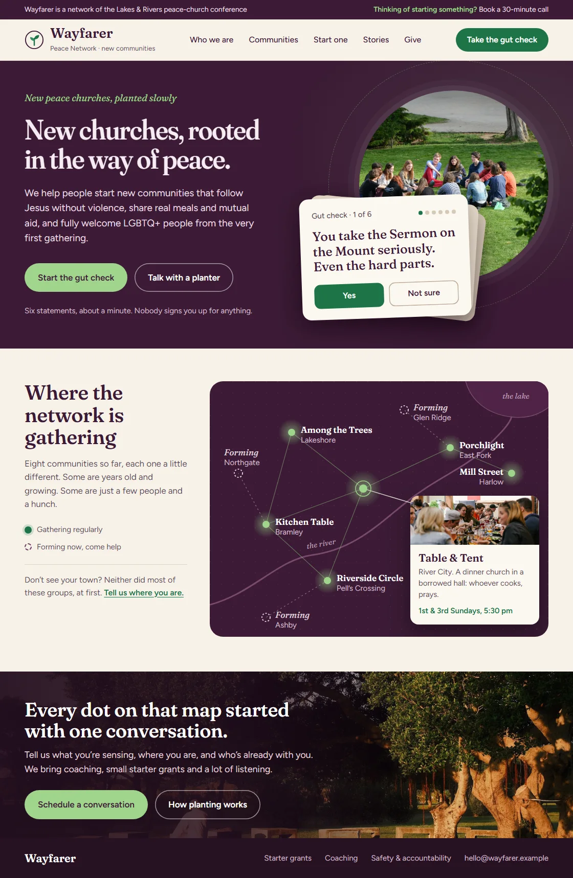 Homepage design for Wayfarer Peace Network: a gut-check card stack and a star map of emerging communities (anonymized)